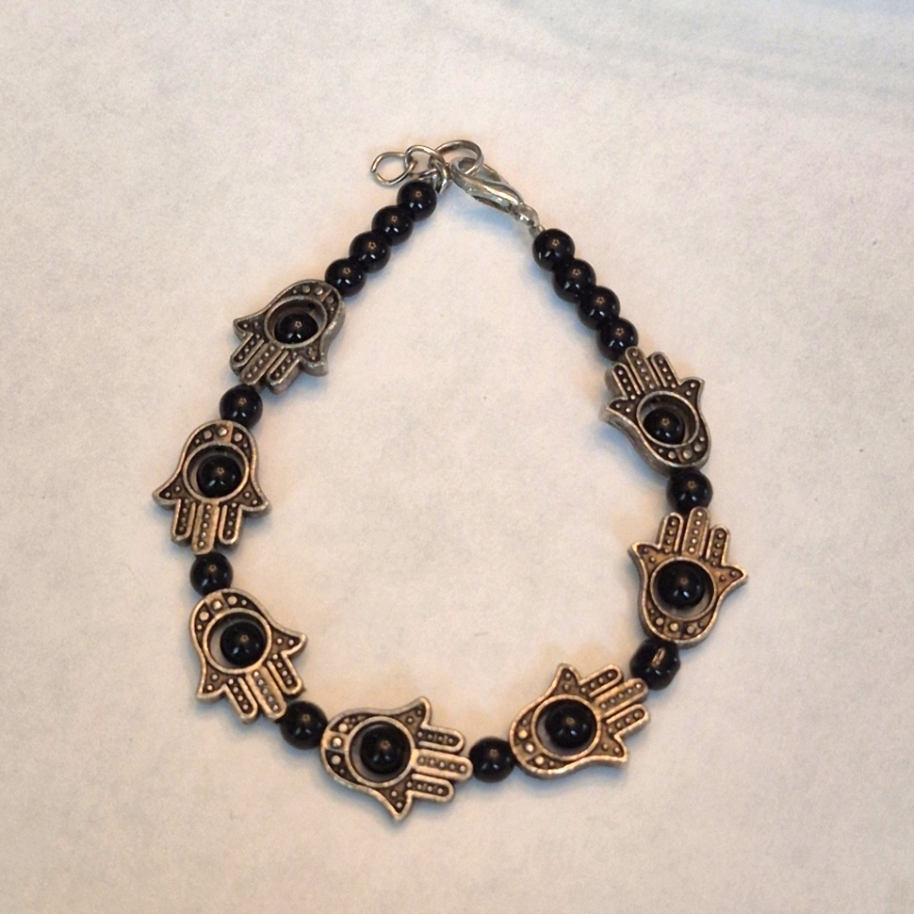 Hamsa Hand Black and Silver Beaded Bracelet